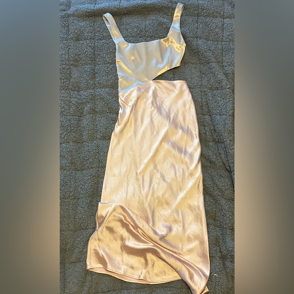 Meshki Satin Dress in Tan and Baby Pink